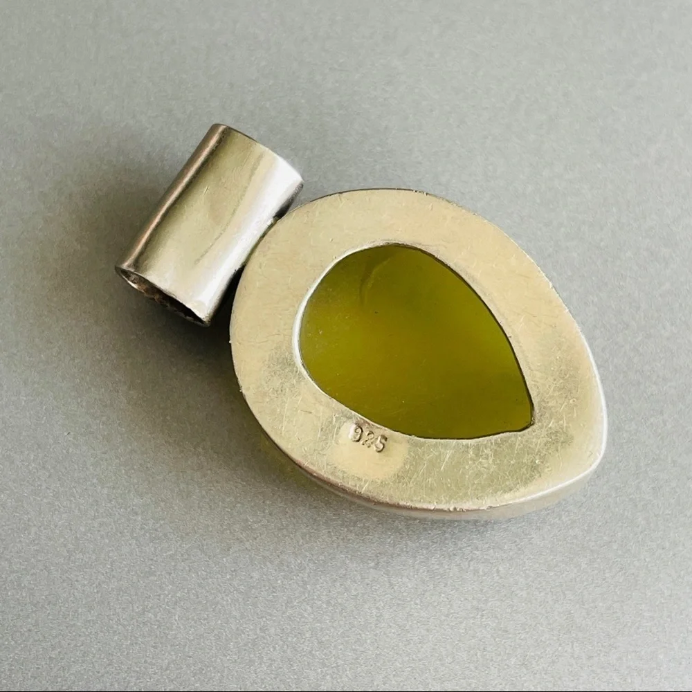 Natural Yellow Druzy Stone Sterling Silver Teardrop Pendant Vintage - Picture 6 of 6